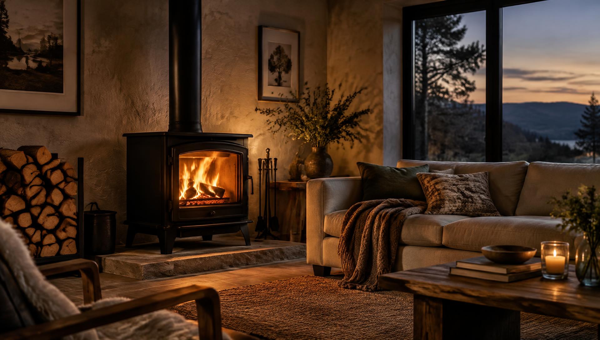 Wood stove burning in a warm living room at dusk